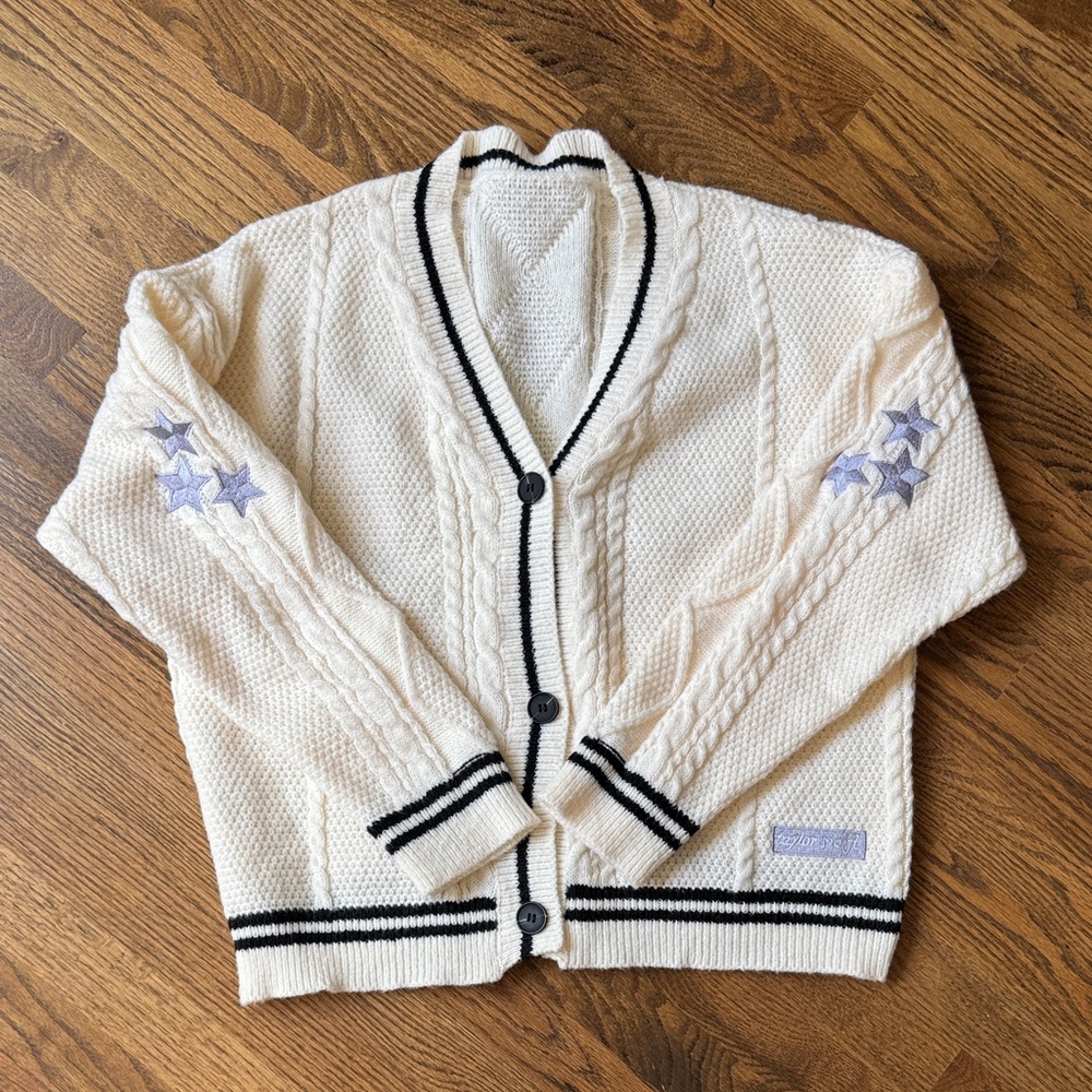 Folklore Cardigan unofficial with Black Trim and Star Accents size L